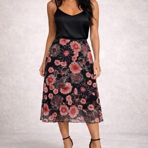 Vintage Y2k Fairy Midi Skirt Size Small Floral Black Pink Lined Twee Bloomcore